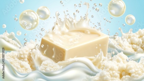 Creamy soap bar in milk splash