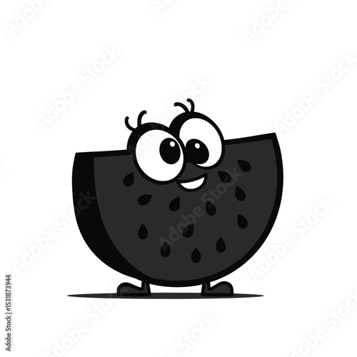 Cartoon Watermelon Slice Black Silhouette Vector with Big Eyes and Seeds on White Background