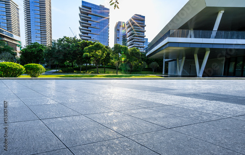 Empty square floor and modern office commercial buildings in Shenzhen, China.