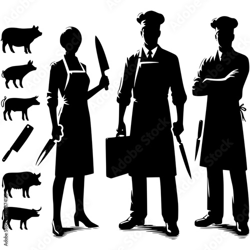 Butcher shop silhouettes with pigs and knives