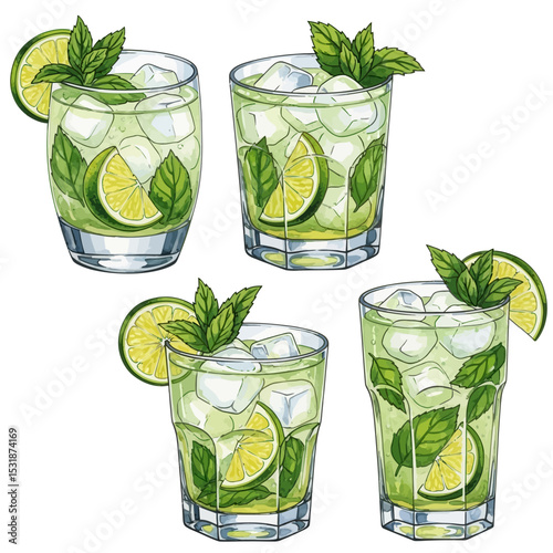Refreshing Mojito Cocktail Illustration with Lime Slices and Mint Sprigs in Various Glasses