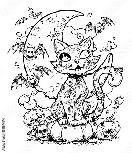 Whimsical Doodle of a Cat with Bats and Moon in a Fantasy Setting