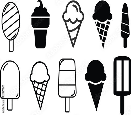  Ice Cream & Popsicle Icon Collection: 10 Black & White Vector Graphics - Summer Treats, Dessert Symbols on White Background
