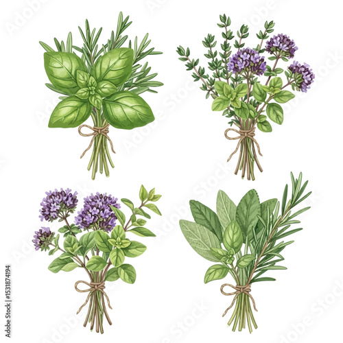 Four Watercolor Bundles of Culinary Herbs: Basil, Rosemary, Thyme, and Oregano