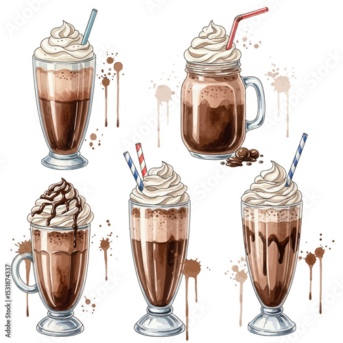 Five Whipped Cream Chocolate Drinks Watercolor Illustration
