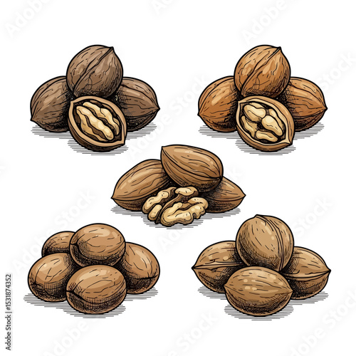 Detailed Hand-Drawn Illustrations of Walnuts and Pecans