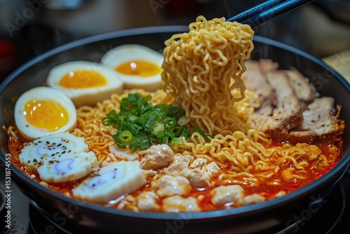 Spicy Noodles with Pork, Chicken, and Eggs in a Black Bowl