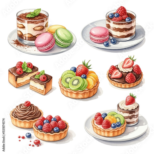 Watercolor Desserts: Assortment of Cakes, Tarts, and Macarons on Plates