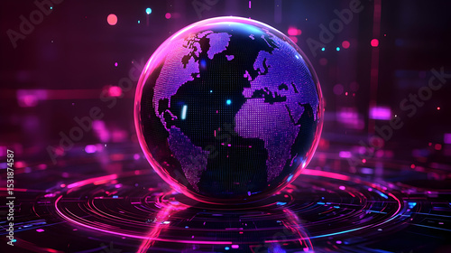 Futuristic Glowing Purple And Pink Digital Earth Globe Hologram