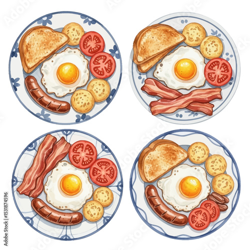 Four plates of watercolor breakfast with eggs, bacon, sausage, toast, tomatoes, and potato cakes