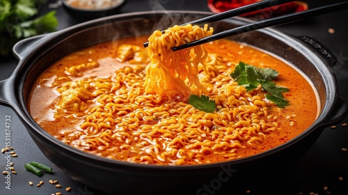 Spicy Red Curry Noodle Soup In Black Bowl