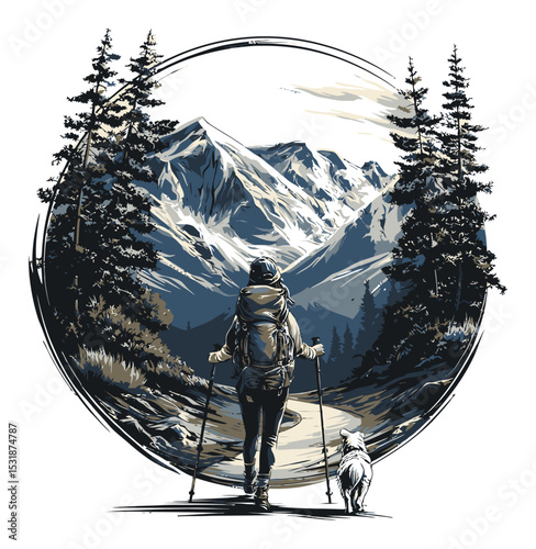 Hiker and Dog Enjoying Nature in Mountain Landscape Vector Illustration