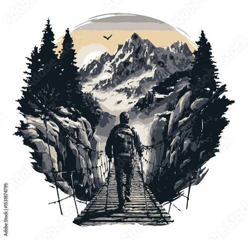Adventurer Crossing a Suspension Bridge in Cartoon Mountain Landscape
