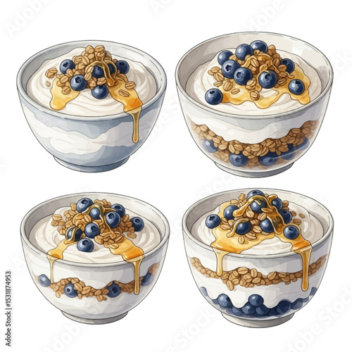 Four Bowls of Yogurt Parfaits with Blueberries and Honey Drizzle