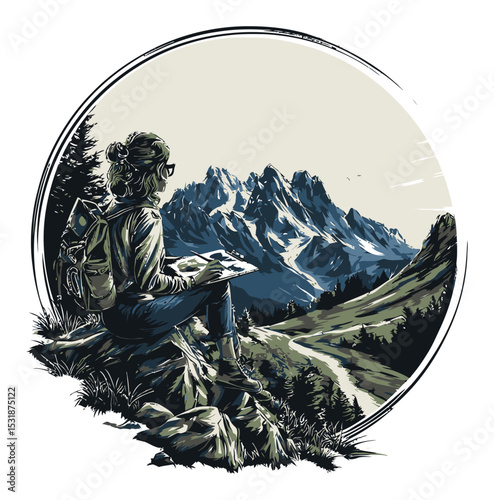 Beautiful Mountain Landscape Illustration with Artist Sketching Outdoor