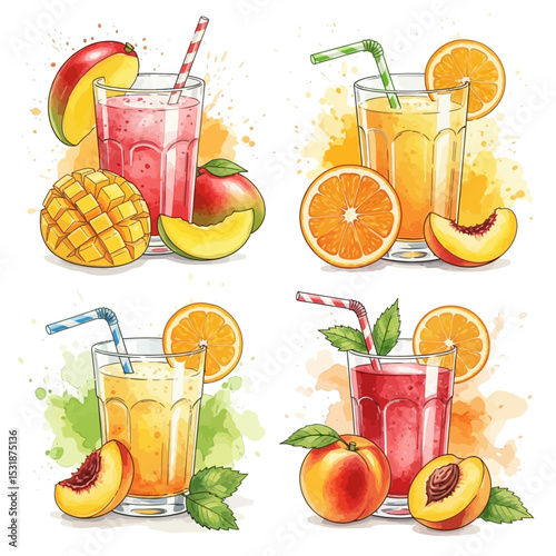 Colorful Watercolor Illustrations of Fresh Fruit Juices with Straws and Garnishes