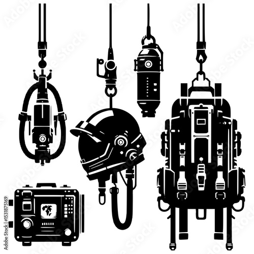 Suspended space exploration equipment silhouette