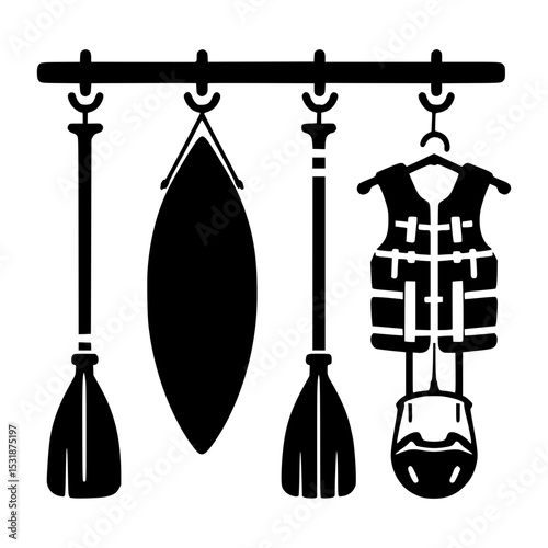 Kayaking equipment hanging on rack icon