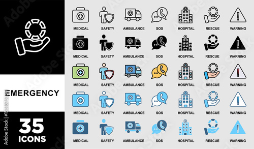 EMERGENCY icon set with various styles and colors of urgency, medical, safety, ambulance, sos, hospital, rescue, and warning