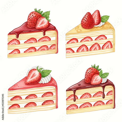 Four Delectable Strawberry Shortcake Slices in Vibrant Watercolor Style