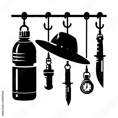 Adventure gear hanging on hooks silhouette