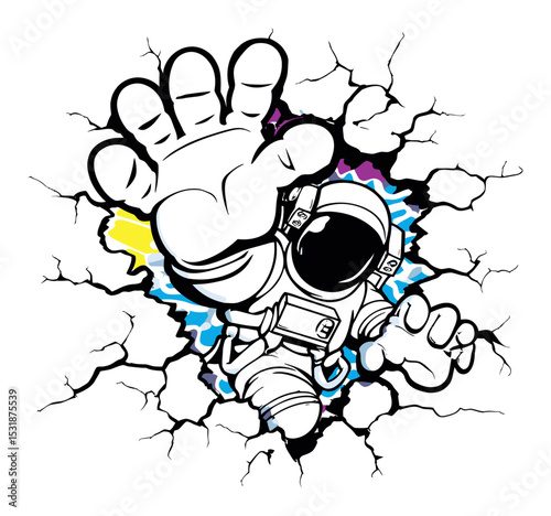 Astronaut Breaking Through Wall in Graffiti Style Vector Illustration