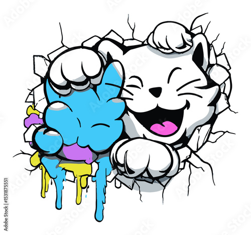 Playful Cartoon Cat and Bear Breaking Through Wall Illustration
