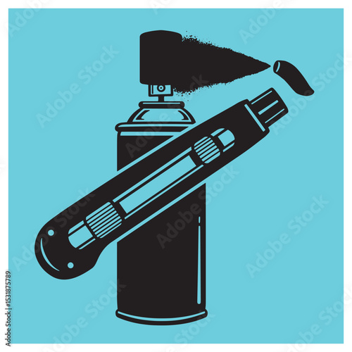 Black and white spray paint and box cutter illustration on a vibrant blue background