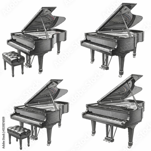 Four Detailed Illustrations of Grand Pianos with Open Lids