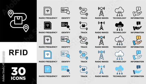RFID icon set with various styles and colors of radio frequency, identify, track, radio waves, technology, and electronic information