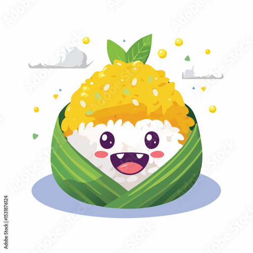 Mango Sticky Rice Flat Illustration Featuring Clean Shapes and Bold Outlines