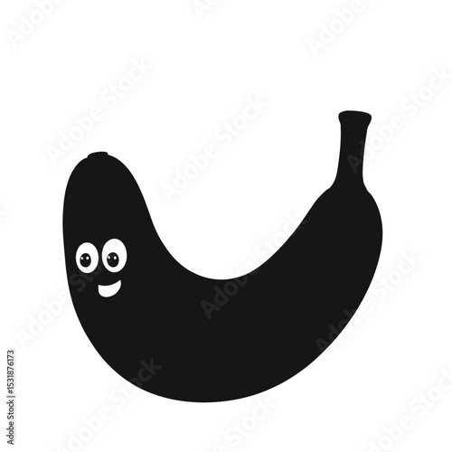 Minimalist Cartoon Banana Black Silhouette Vector with Big Eyes and Curved Shape on White Background