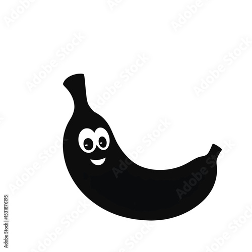 Minimalist Cartoon Banana Black Silhouette Vector with Big Eyes and Curved Shape on White Background