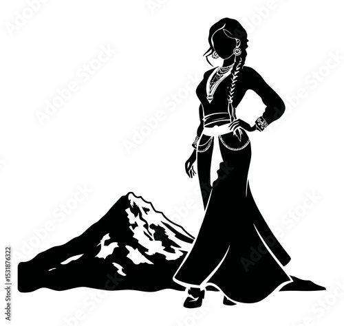 Elegant Woman Standing in Front of Mountain in Vector Art Style