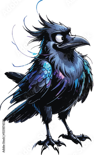 Vector illustration of an eagle
Intriguing Cartoon Raven with Vibrant Colors, A stylized, cartoon raven with vibrant blue and purple accents on its dark feathers.