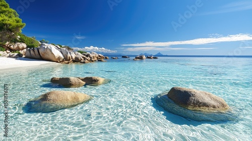 Pristine, tranquil beach scene with clear, shallow turquoise water.
