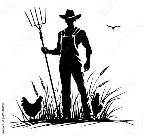 Farmer with Pitchfork and Chickens in Silhouette Vector Design