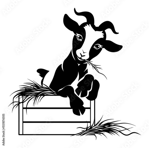 Black and White Goat Illustration with Hay Vector Artwork Design