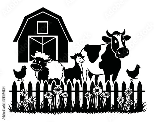 Black and White Farm Animals with Barn and Fence Vector Illustration