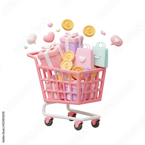3d Cute Pink Shopping Cart Filled With Gifts and Currency