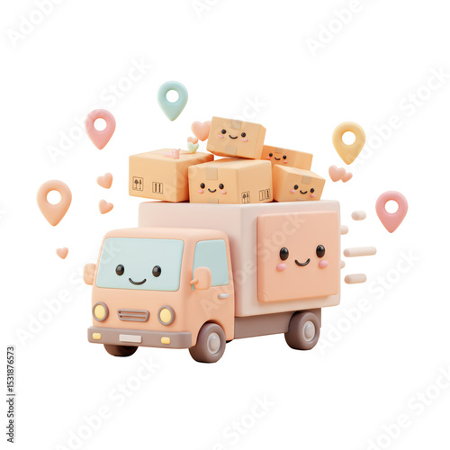 Adorable 3d Truck Delivering Packages with Cute Smiling Faces Around