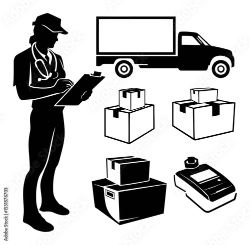 Delivery Logistics with Medical Professional and Shipping Elements Vector Art