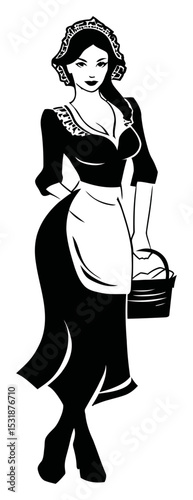 Vintage Style Maid Illustration in Elegant Dress with Basket