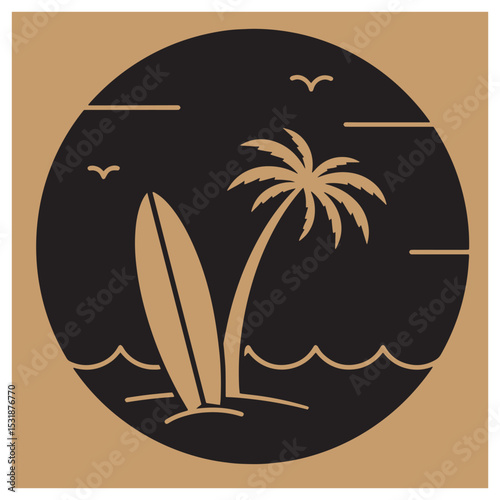 Coastal summer scene with surfboard palm tree and waves within a circle illustration
