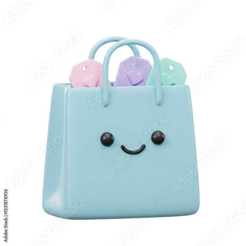 3d Cute Light Blue Shopping Bag With Smiley Face Design