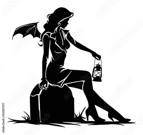 Elegant Silhouette of a Woman with Lantern and Bat Wings in Vector Design