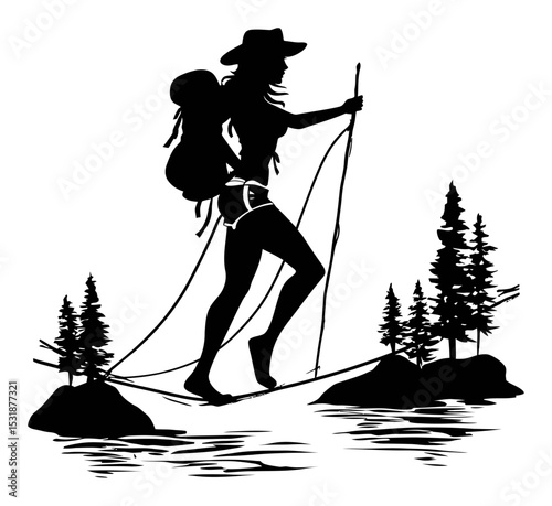 Silhouette of Adventurous Woman Hiking on Tightrope over Water Landscape