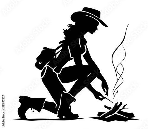 Silhouette of Woman Camping with Fire in Wilderness Adventure Setting