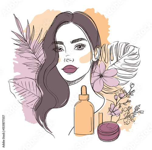 Abstract Vector Illustration of a Woman with Beauty Products and Flowers