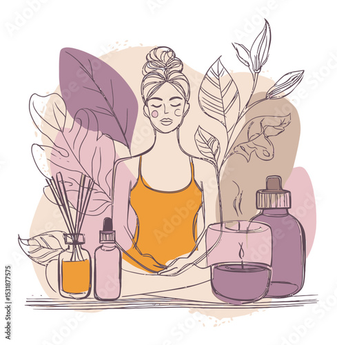 Serene Woman in Meditation with Natural Elements and Essential Oils